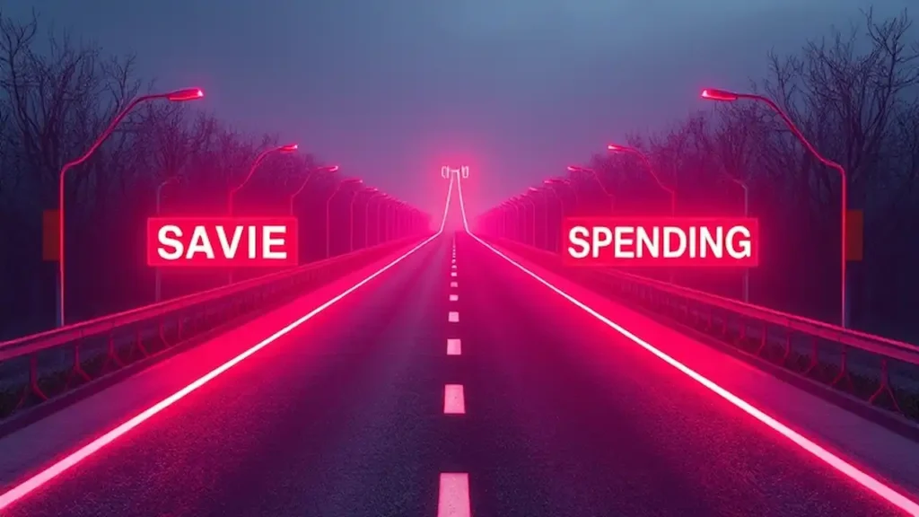 A fork in the road showing a choice between saving and spending