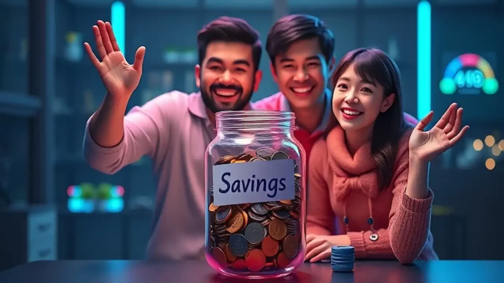 A happy family celebrating financial success with a jar labeled Savings full of coins