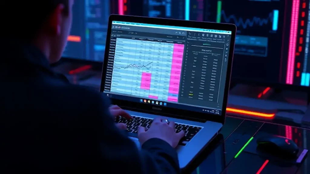 A person working on a laptop with a budgeting spreadsheet on the screen