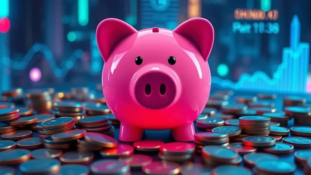 A piggy bank surrounded by coins and a goal progress tracker