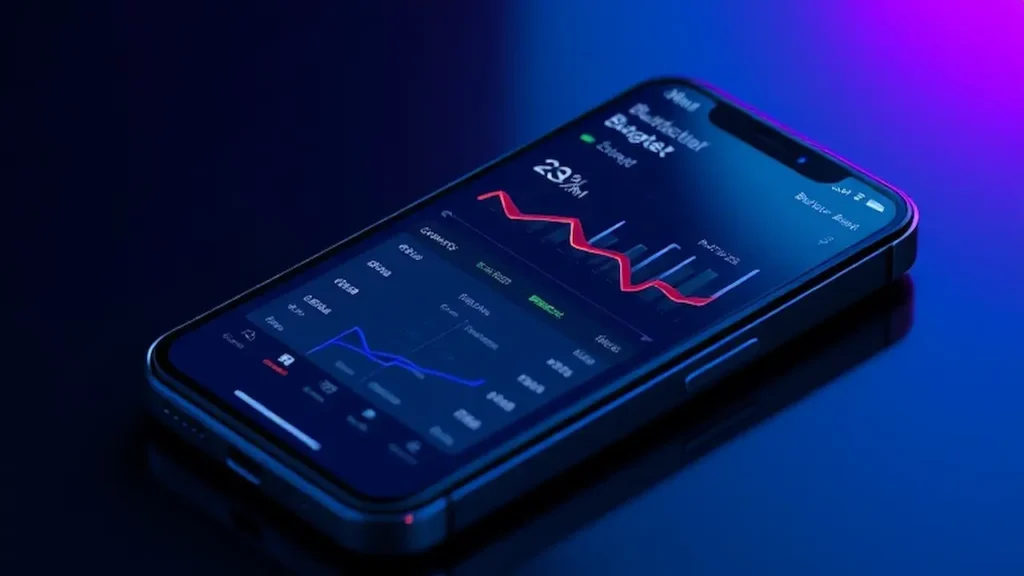 A smartphone with a budgeting app open showing progress charts