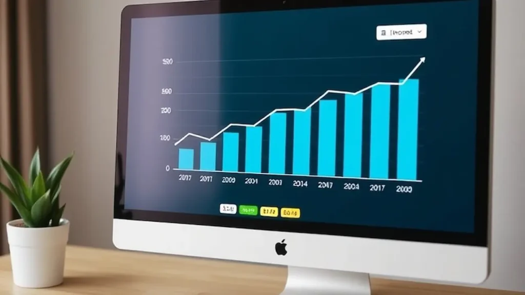 A bar graph on a computer screen showing fluctuating monthly income over a year, with key figures highlighted