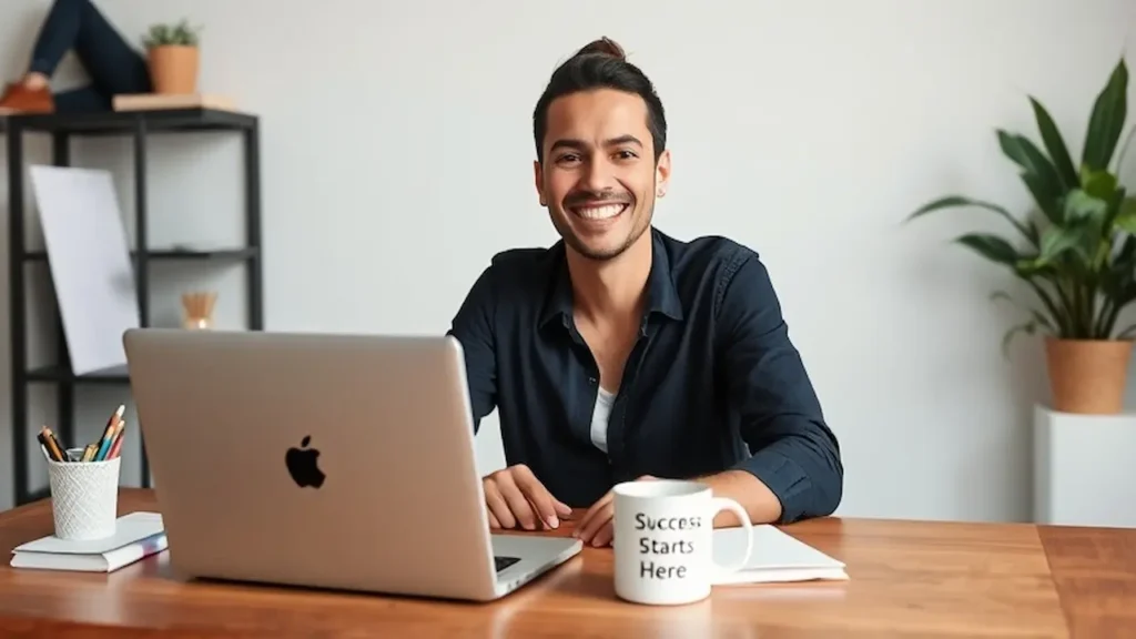 A freelancer smiling at a desk with a laptop a financial planner and a coffee mug labeled Success Starts Here.