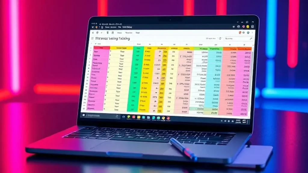 A laptop screen displaying a colorful expense-tracking spreadsheet, with a notepad and pen beside it