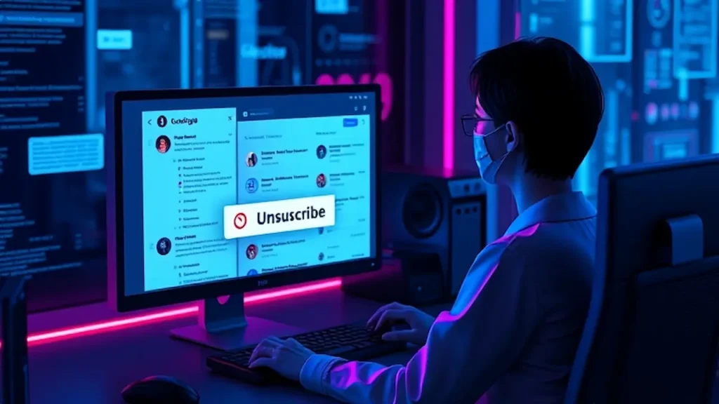 A person sitting at a computer hovering over an Unsubscribe button in an email inbox filled with promotional offers