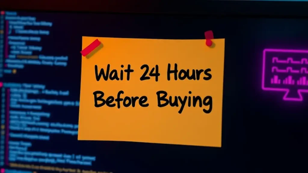 A sticky note on a computer screen with the text Wait 24 Hours Before Buying in bold letters