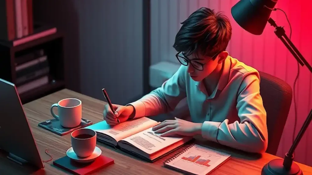 A thoughtful individual sitting at a desk jotting notes in a journal labeled Spending Triggers with a coffee mug and budget planner nearby