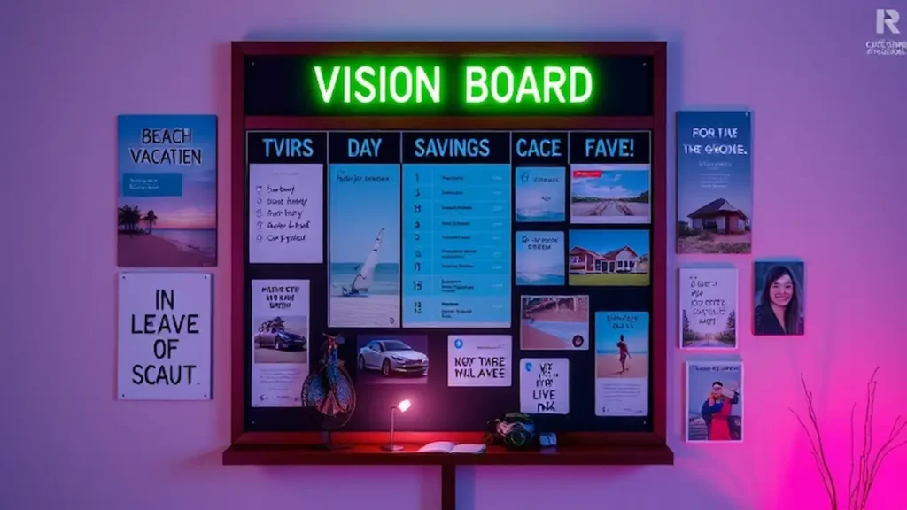 A vision board on a wall featuring savings goals like a beach vacation a new car and a house surrounded by motivational quotes and pictures