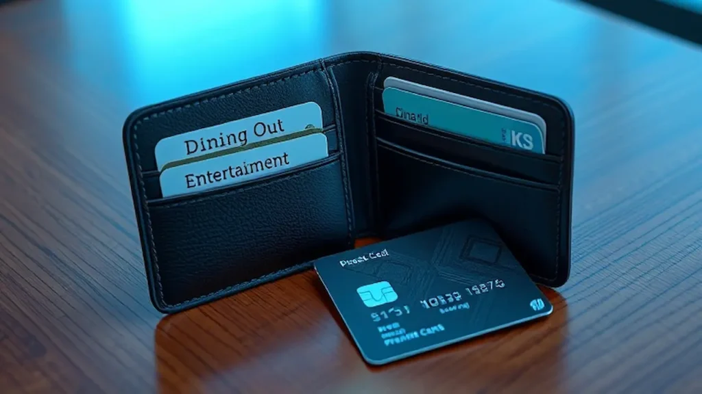 A wallet with labeled cash envelopes for categories like Dining Out and Entertainment alongside a prepaid card on a wooden table