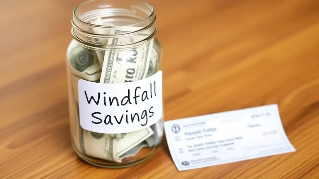 A jar labeled Windfall Savings filled with cash and a small tax refund check placed beside it