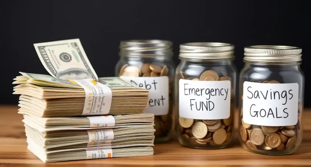 A stack of cash next to labeled jars for Emergency Fund, Debt Payment, and Savings Goals.